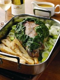 Preview Image for Slow cooked Leg of Lamb with White Wine Gravy and Spinach